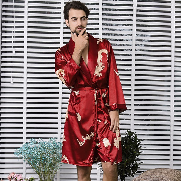 Men's simulation silk long sleeve nightgown, Size M-5XL
