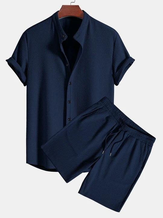 Men's Casual Loose Multi-color Beachwear Sunken Stripe Short Sleeve Shorts Two-piece Set Size S - XXL