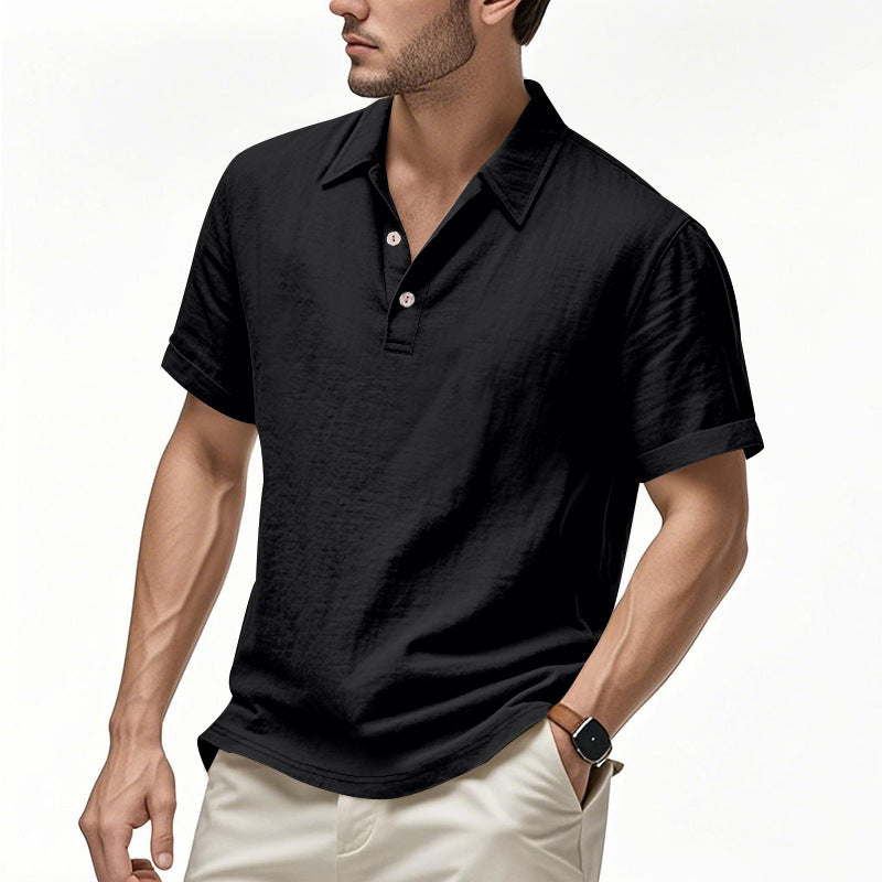 Men's British Casual Buckle Loose Linen Lapel Polo Shirt