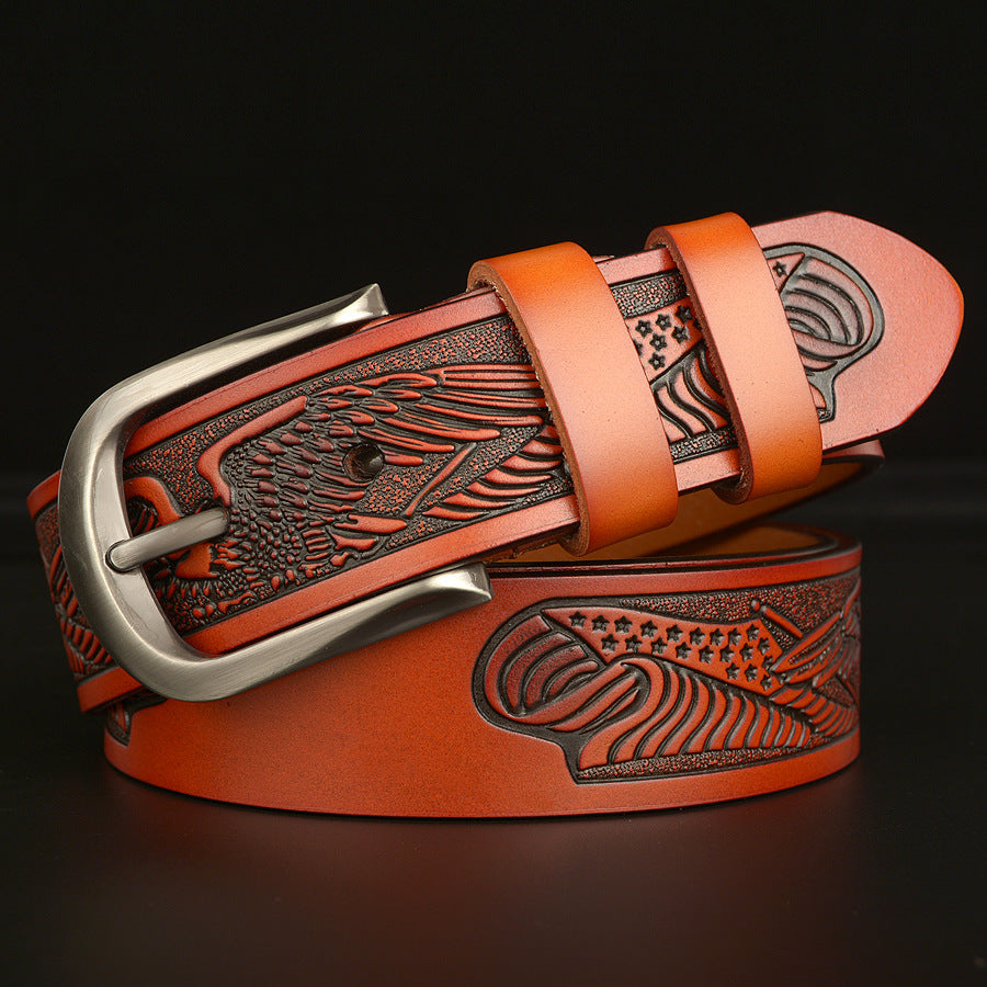 Men's Cut Cowhide Carved Belt, Size: 110cm - 130cm