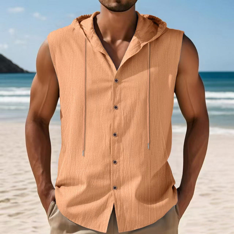 Mens Sleeveless Linen Hooded Shirt Sizes: S, M, L, XL, XXL, XXXL