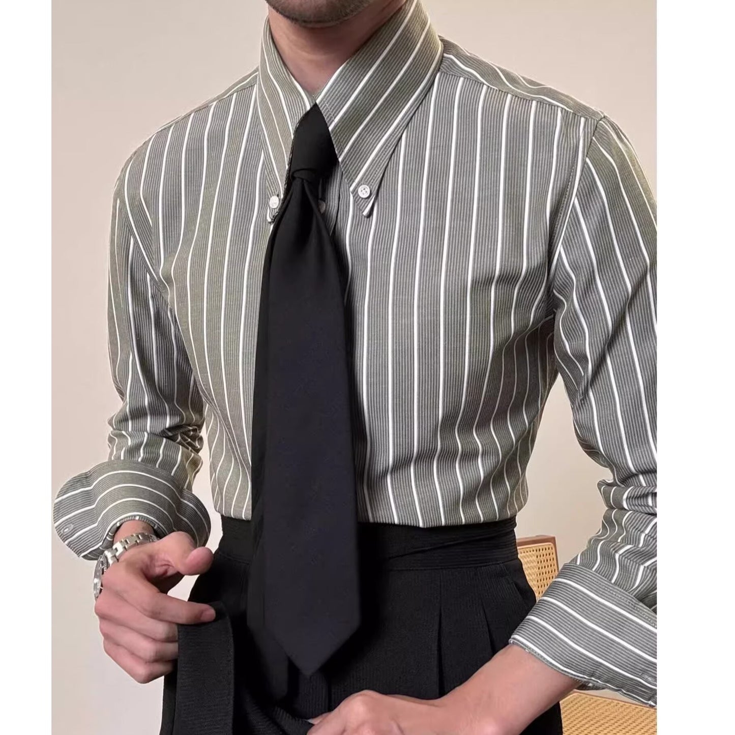 Mens Retro Casual White Striped Long-Sleeve Shirt Sizes: M, L, XL, 2XL, 3XL