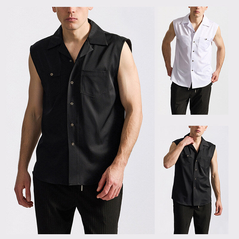 Men's Sleeveless Lapel Shirt European Fashion Brand Size: S,M,L,XL,2XL