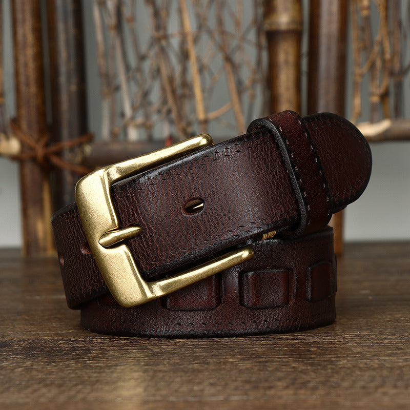 Retro Men's Belt In Genuine Leather With Brass Buckle, Length: 100cm-130cm