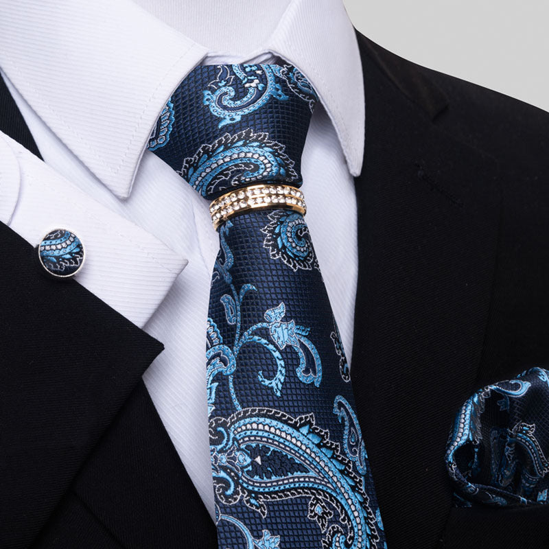 Multi Colored Striped Floral Mens Tie with Pocket Towel, Cufflinks and Tie Ring