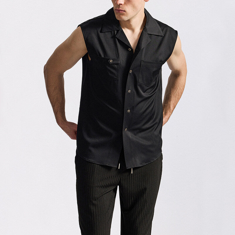 Men's Sleeveless Lapel Shirt European Fashion Brand Size: S,M,L,XL,2XL