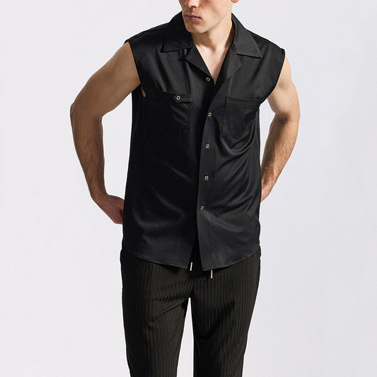 Men's Sleeveless Lapel Shirt European Fashion Brand Size: S,M,L,XL,2XL