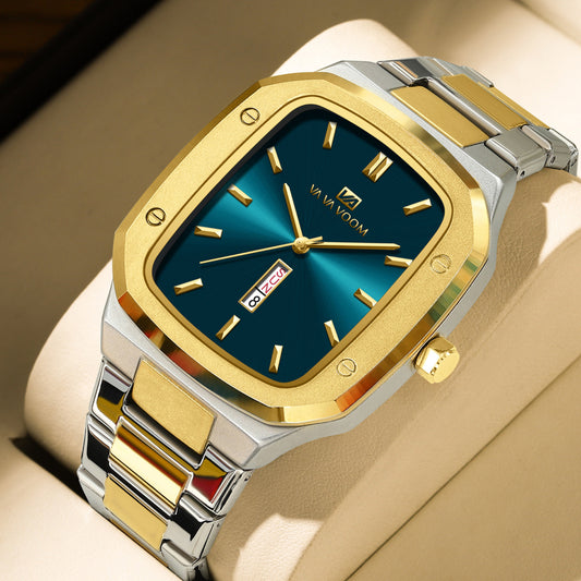 Business Rectangular Creative Dual-Date Steel-Strap Mens Watch