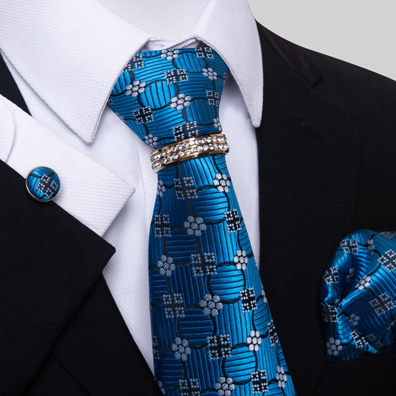 Multi Colored Striped Floral Mens Tie with Pocket Towel, Cufflinks and Tie Ring