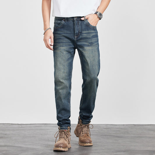 Mens Retro Yellow-Clay Blue Versatile Straight-Cut Casual Long Pants