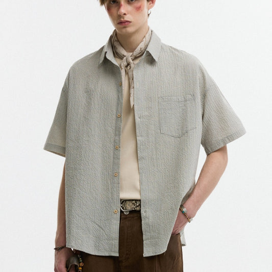Seersucker Lapel Plaid Shirt Summer Casual Loose Size: S, M, L, XL,2XL