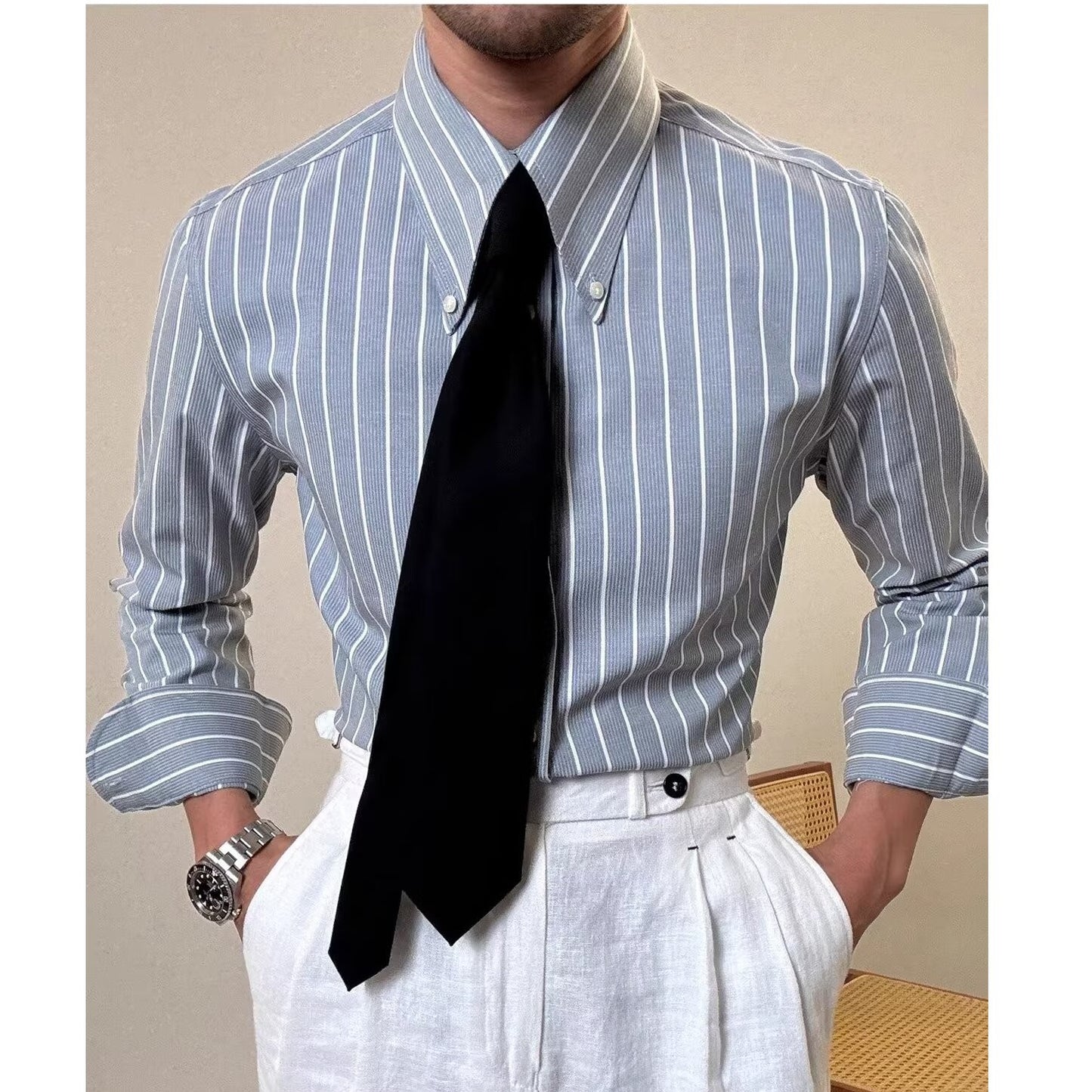 Mens Retro Casual White Striped Long-Sleeve Shirt Sizes: M, L, XL, 2XL, 3XL