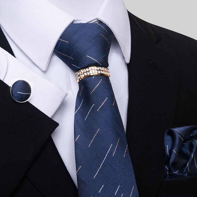 Multi Colored Striped Floral Mens Tie with Pocket Towel, Cufflinks and Tie Ring