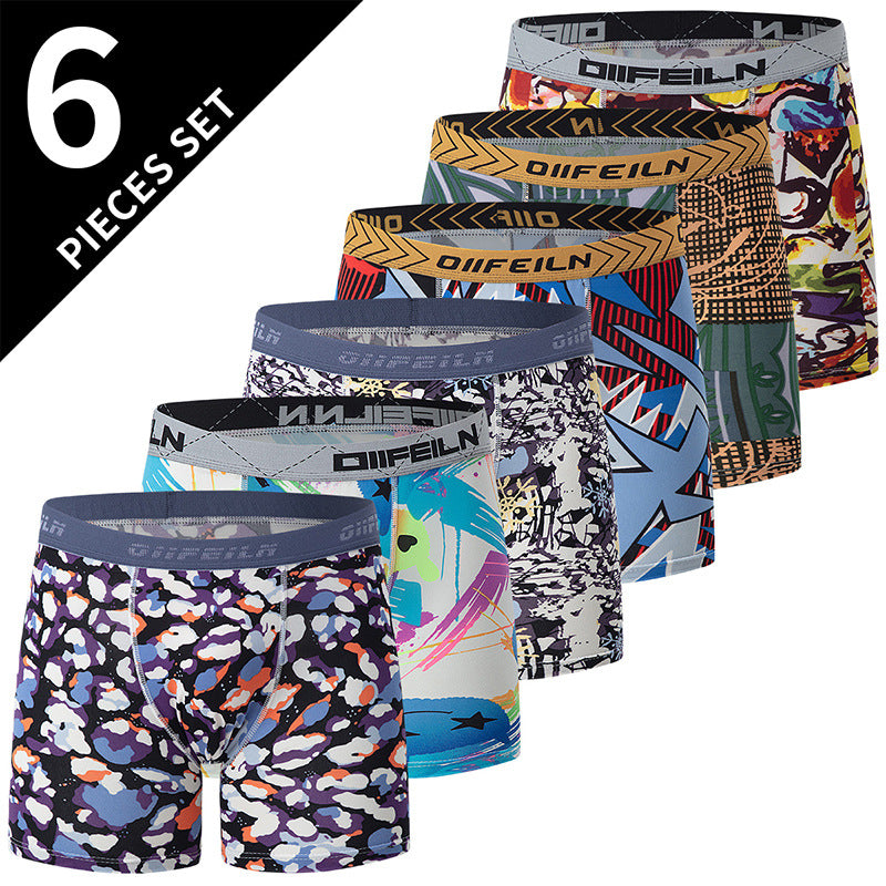 Polyester Men's Mid-waist Printed Underwear 6-piece Set