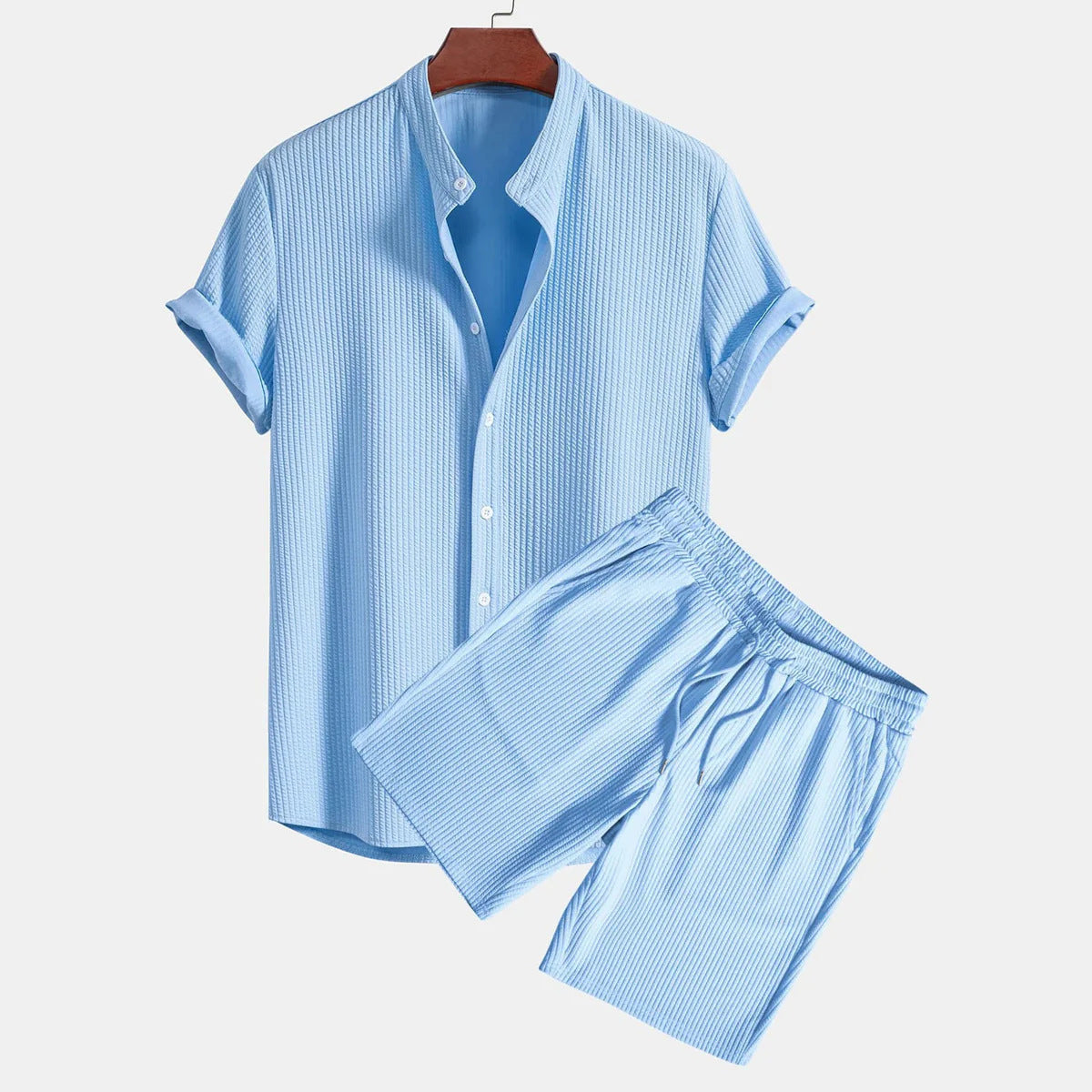 Men's Casual Loose Multi-color Beachwear Sunken Stripe Short Sleeve Shorts Two-piece Set Size S - XXL