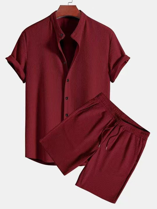 Men's Casual Loose Multi-color Beachwear Sunken Stripe Short Sleeve Shorts Two-piece Set Size S - XXL