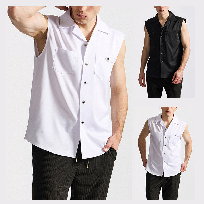 Men's Sleeveless Lapel Shirt European Fashion Brand Size: S,M,L,XL,2XL