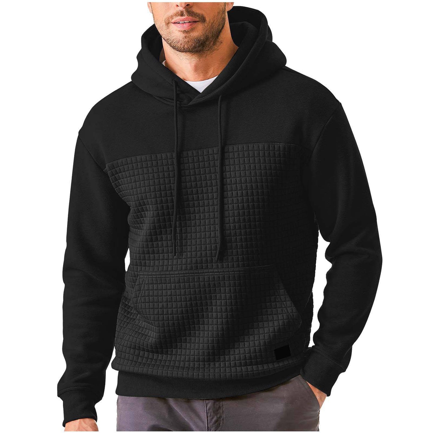 Mens Casual Sporty Fleece-Lined Hooded Patchwork Plaid Sweatshirt Jacket Size: S - 3XL