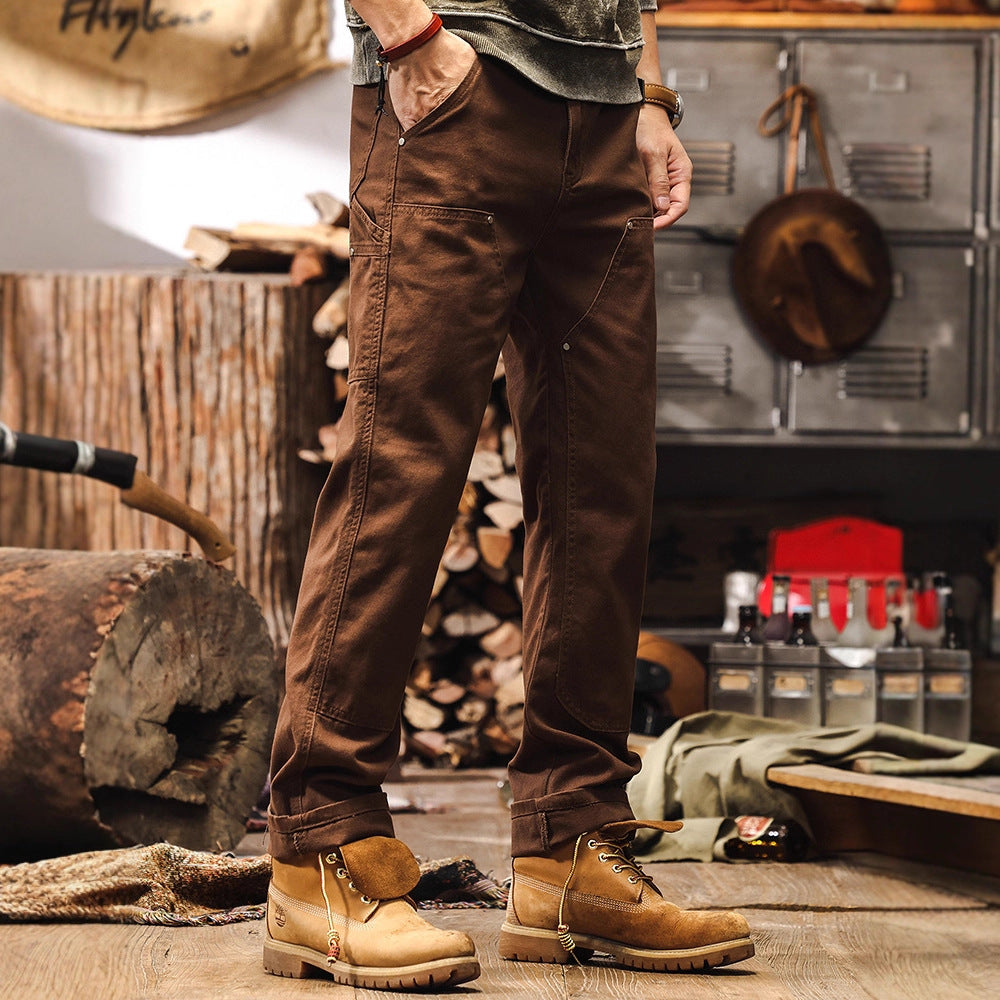 Retro Coffee-colored Denim Straight-leg Casual Trousers, Young adults and adults, Size: 28 - 38