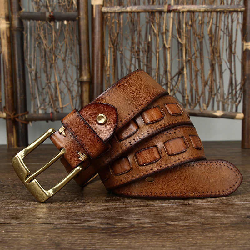 Retro Men's Belt In Genuine Leather With Brass Buckle, Length: 100cm-130cm