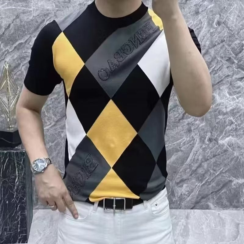 Men's Ice Silk Short Sleeve Stylish Checkered T-shirt