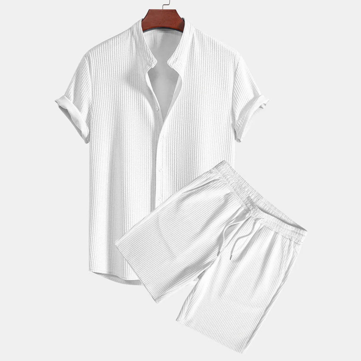 Men's Casual Loose Multi-color Beachwear Sunken Stripe Short Sleeve Shorts Two-piece Set Size S - XXL