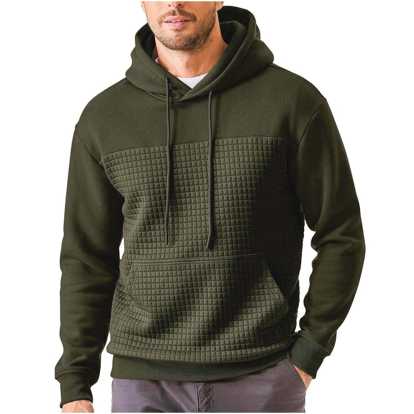 Mens Casual Sporty Fleece-Lined Hooded Patchwork Plaid Sweatshirt Jacket Size: S - 3XL