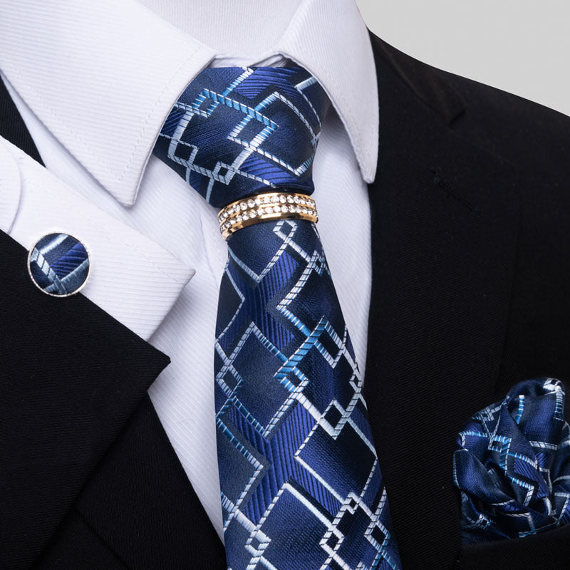Multi Colored Striped Floral Mens Tie with Pocket Towel, Cufflinks and Tie Ring