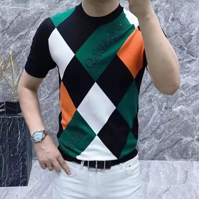 Men's Ice Silk Short Sleeve Stylish Checkered T-shirt