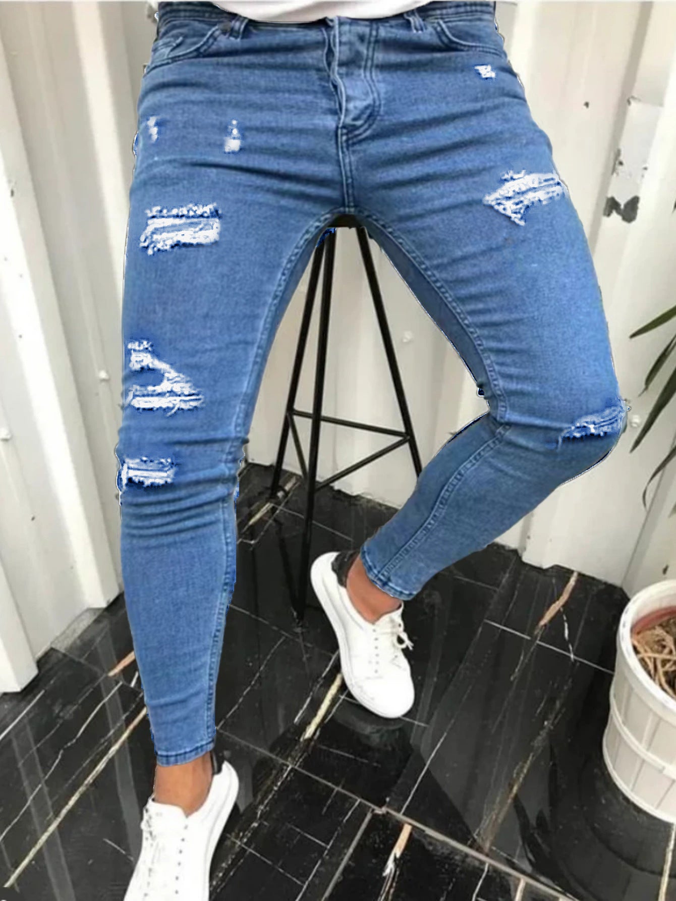 Teens Tight Ripped Trendy Skinny Solid Color Simple Denim Trousers