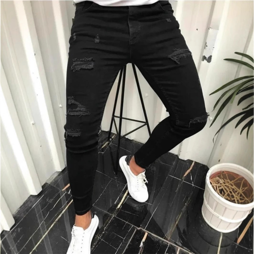 Teens Tight Ripped Trendy Skinny Solid Color Simple Denim Trousers