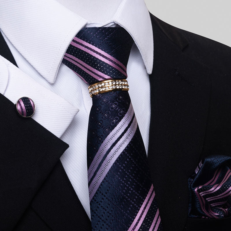 Multi Colored Striped Floral Mens Tie with Pocket Towel, Cufflinks and Tie Ring