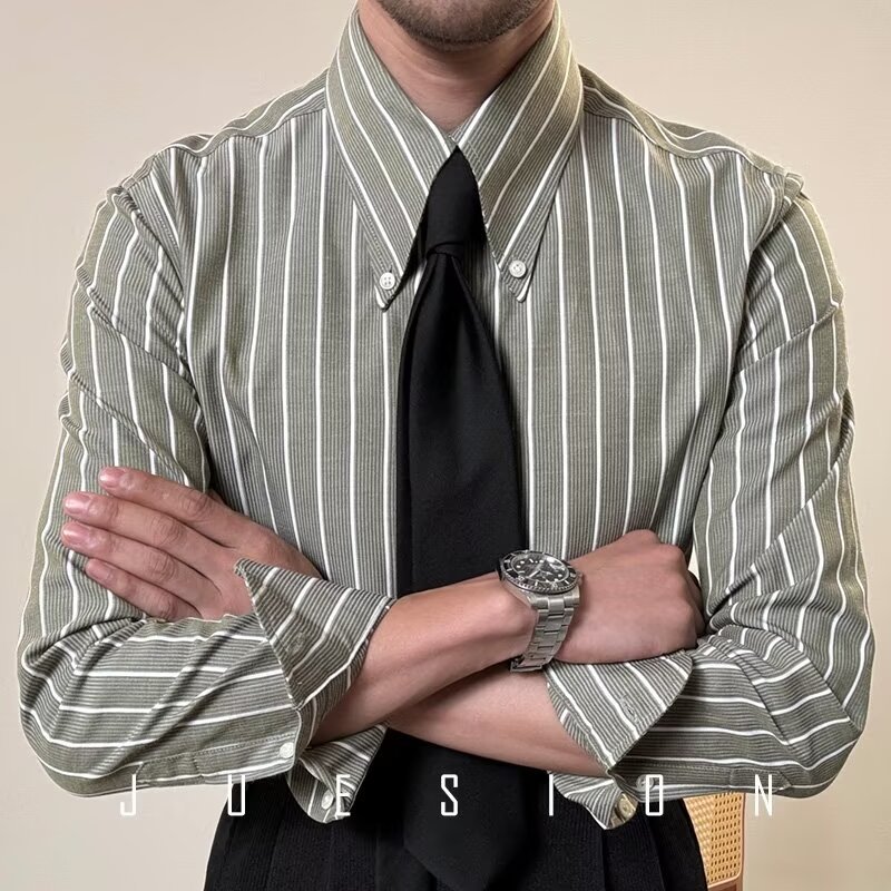 Mens Retro Casual White Striped Long-Sleeve Shirt Sizes: M, L, XL, 2XL, 3XL