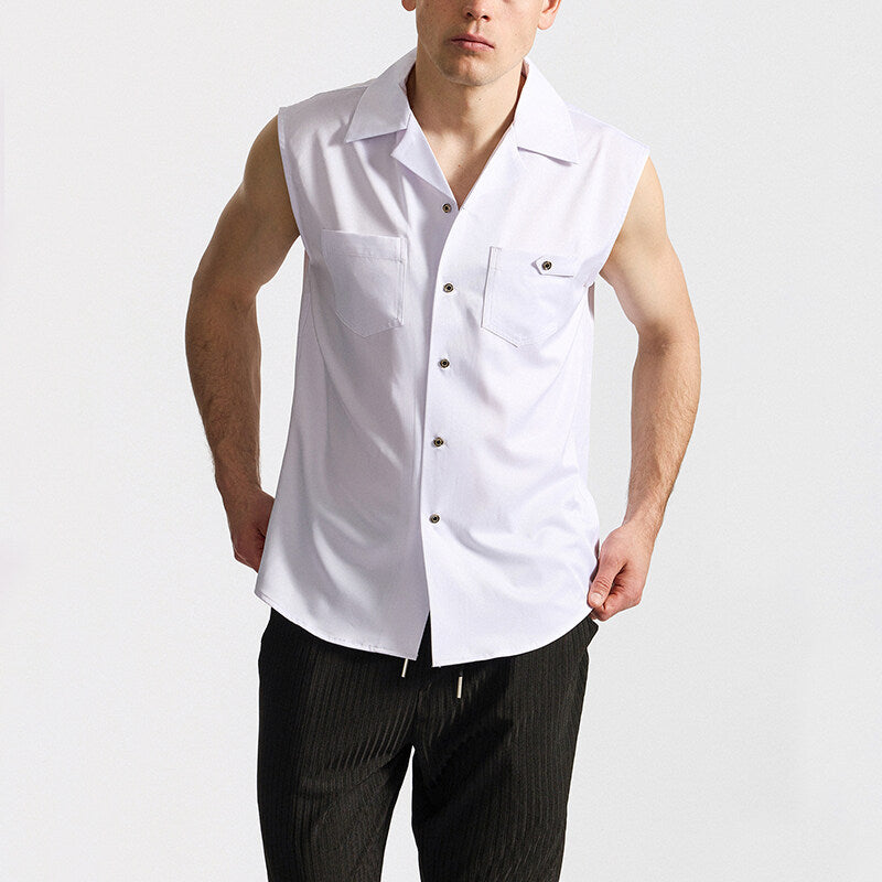 Men's Sleeveless Lapel Shirt European Fashion Brand Size: S,M,L,XL,2XL