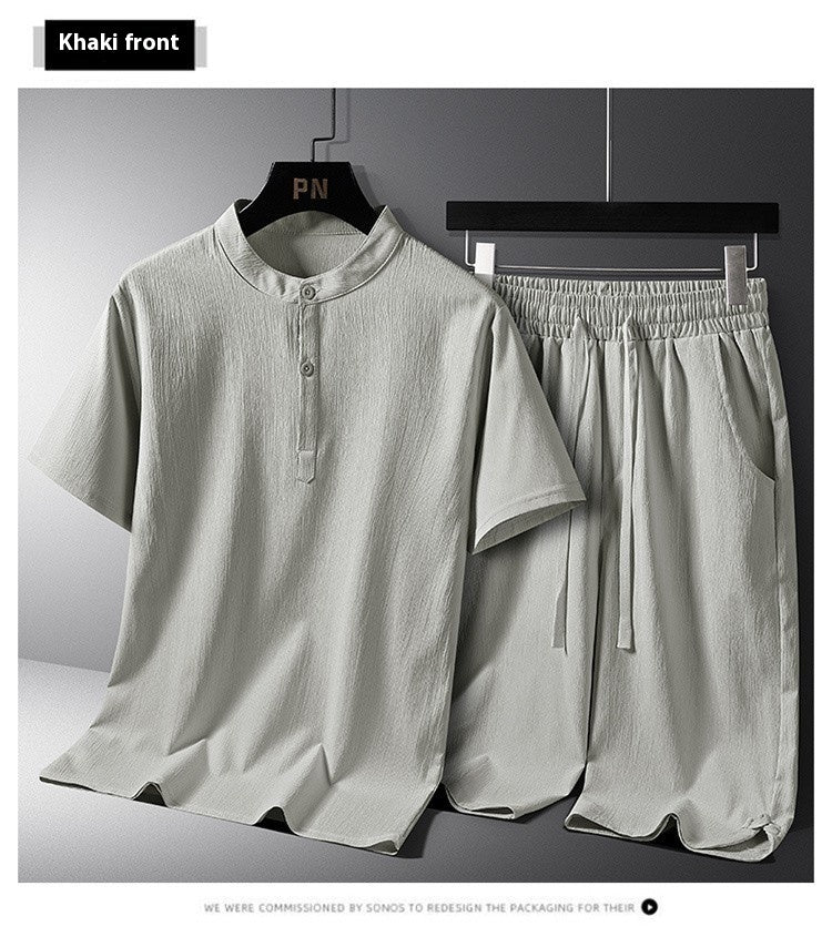Men's National Style Cotton And Linen Casual Shorts Short Sleeve Two-piece Set Size L - 8XL