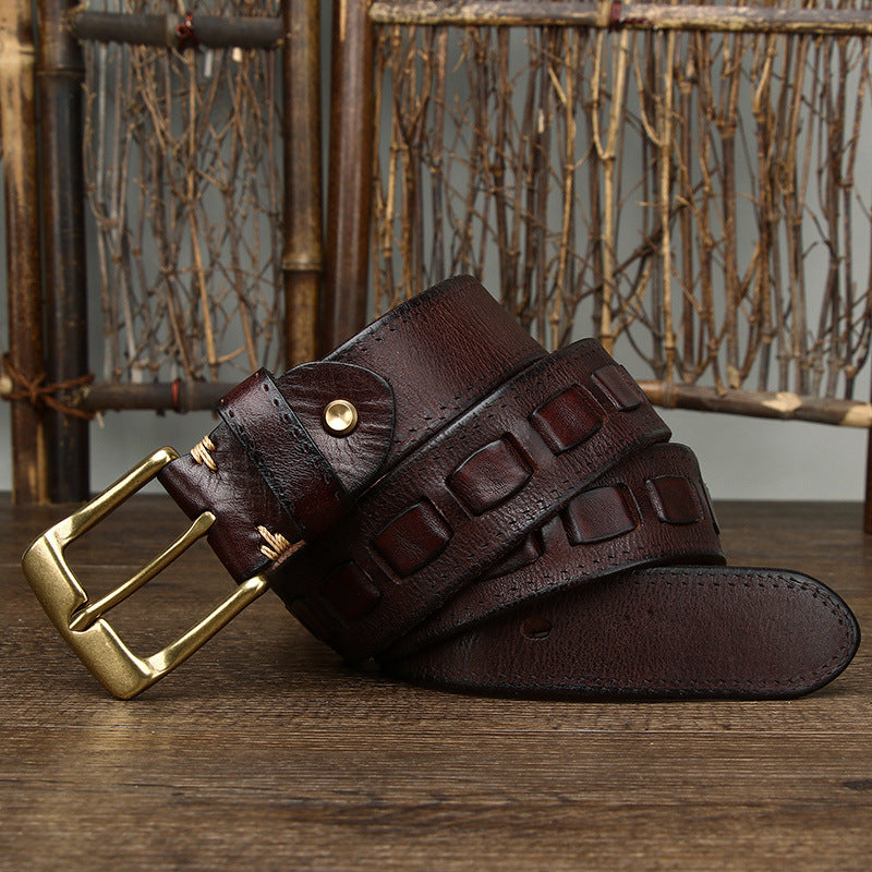 Retro Men's Belt In Genuine Leather With Brass Buckle, Length: 100cm-130cm