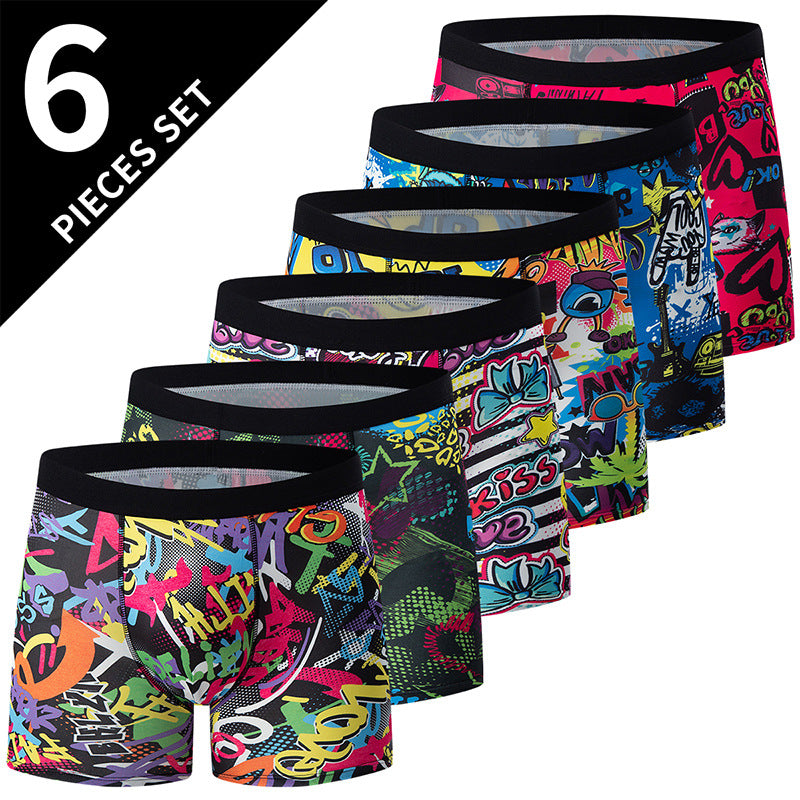 Polyester Men's Mid-waist Printed Underwear 6-piece Set