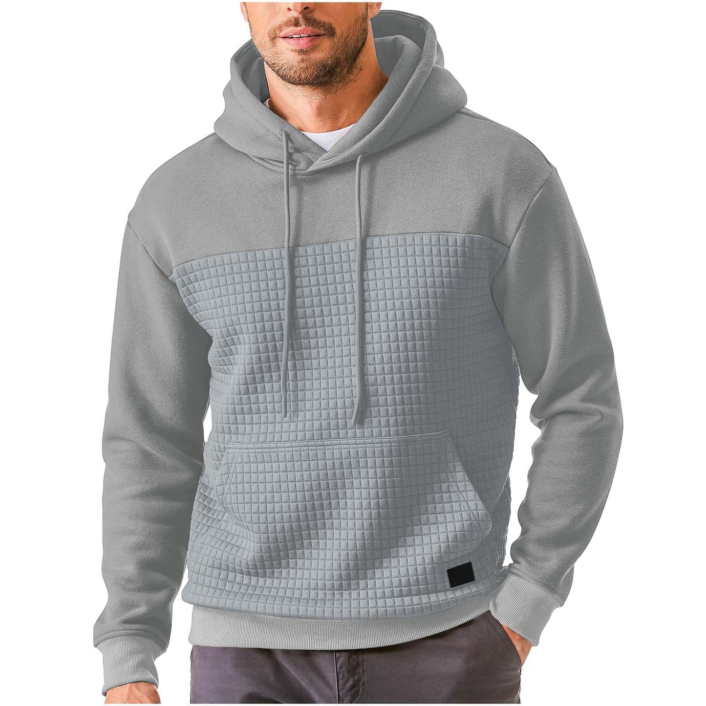 Mens Casual Sporty Fleece-Lined Hooded Patchwork Plaid Sweatshirt Jacket Size: S - 3XL