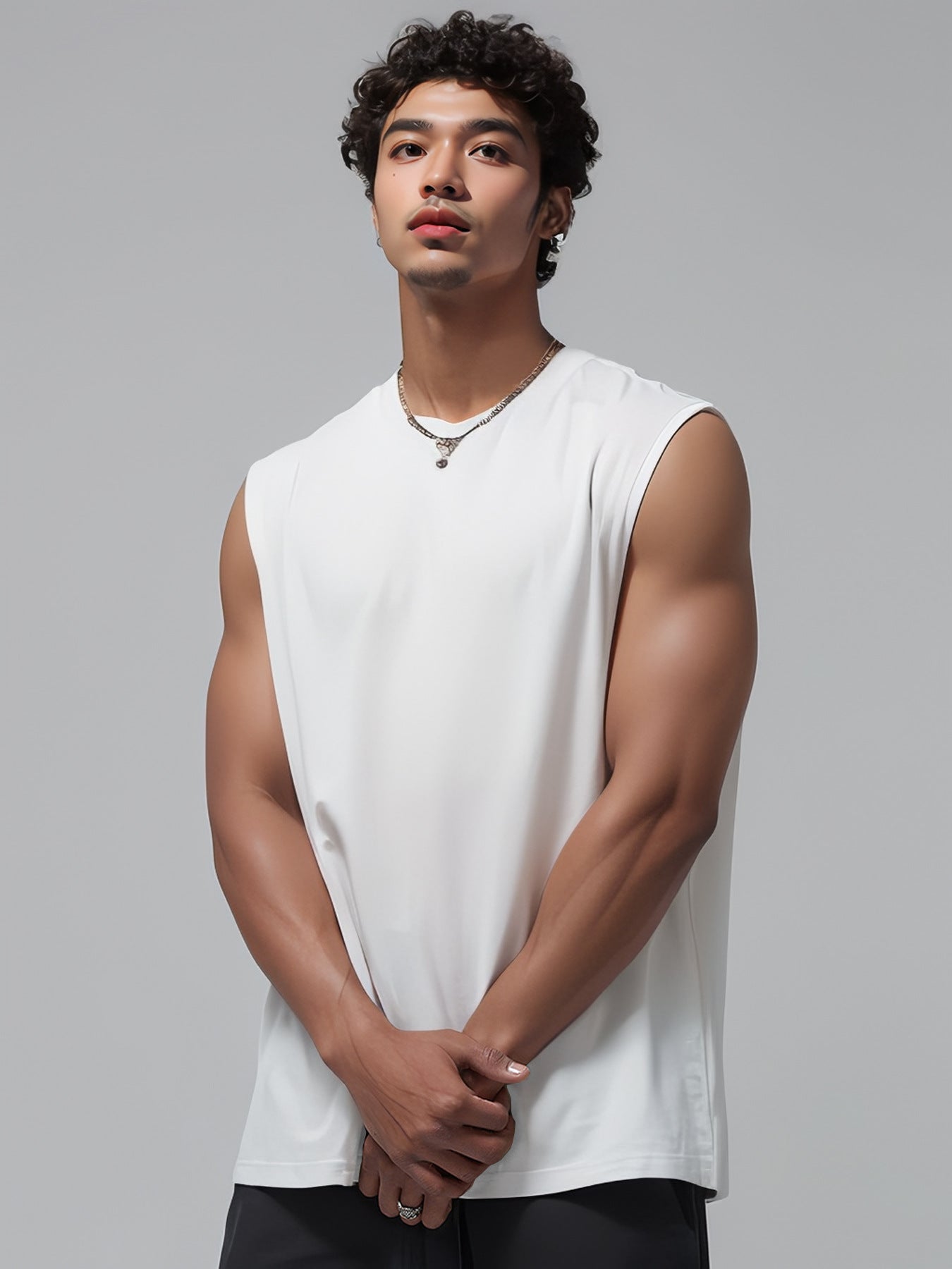 Mens Sleeveless Tank Top Simple Solid-Color Loose T-Shirt
