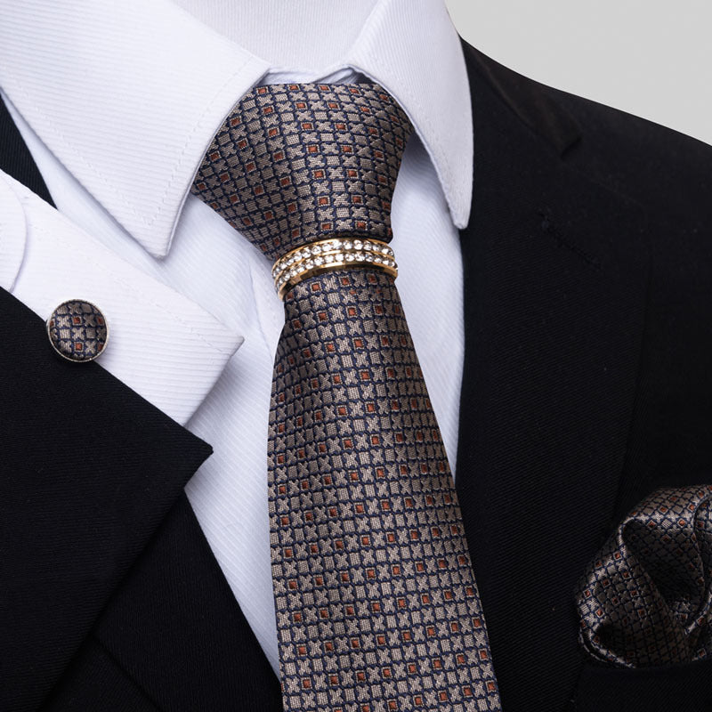 Multi Colored Striped Floral Mens Tie with Pocket Towel, Cufflinks and Tie Ring