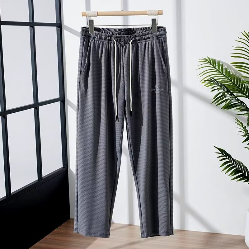 Men's Ice Silk Thin Breathable Quick-drying Casual Pants Loose Four-sided Elastic Mesh Ankle-tied