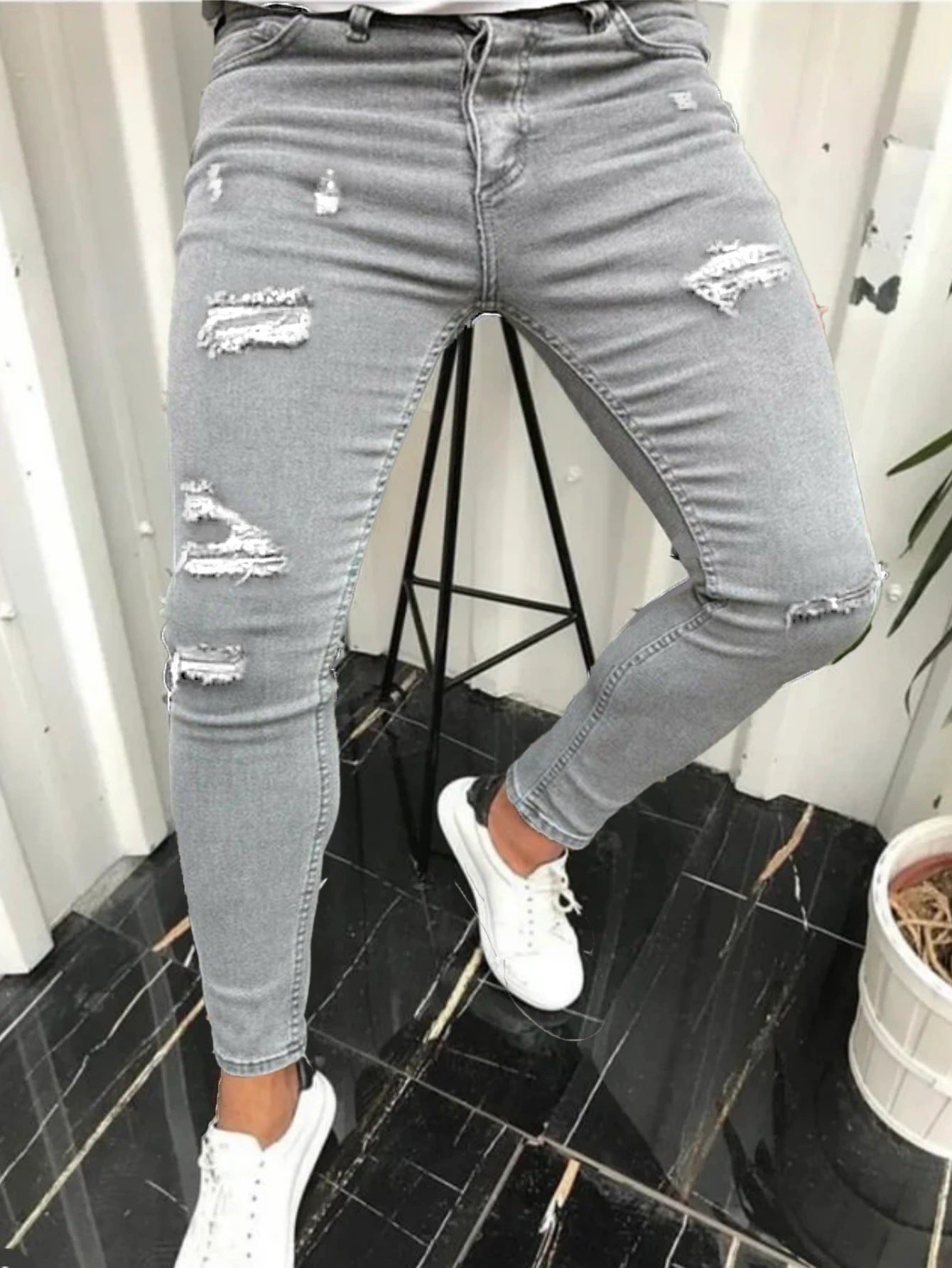 Teens Tight Ripped Trendy Skinny Solid Color Simple Denim Trousers