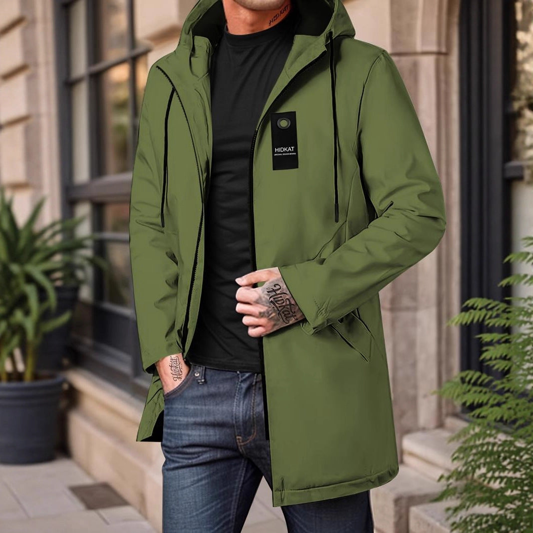 Mid-length Men's Hooded Casual Workwear Shell Jacket Windproof Jacket Size XS - 3XL
