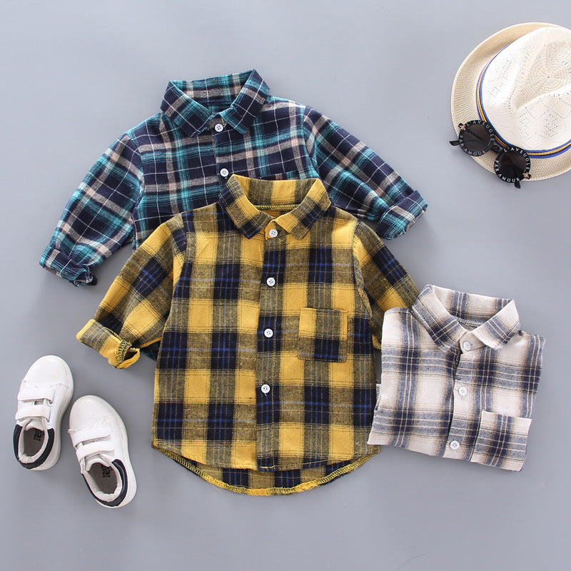 Boys And Girls Plaid Shirts Style Loose Lapel Long Sleeves