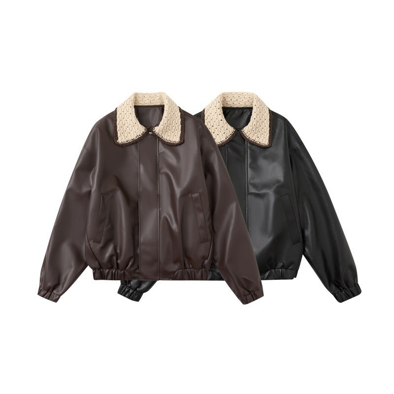 Color-blocked, Lapel-collar, Loose-fitting, Versatile, Trendy PU Leather Jacket For Couples