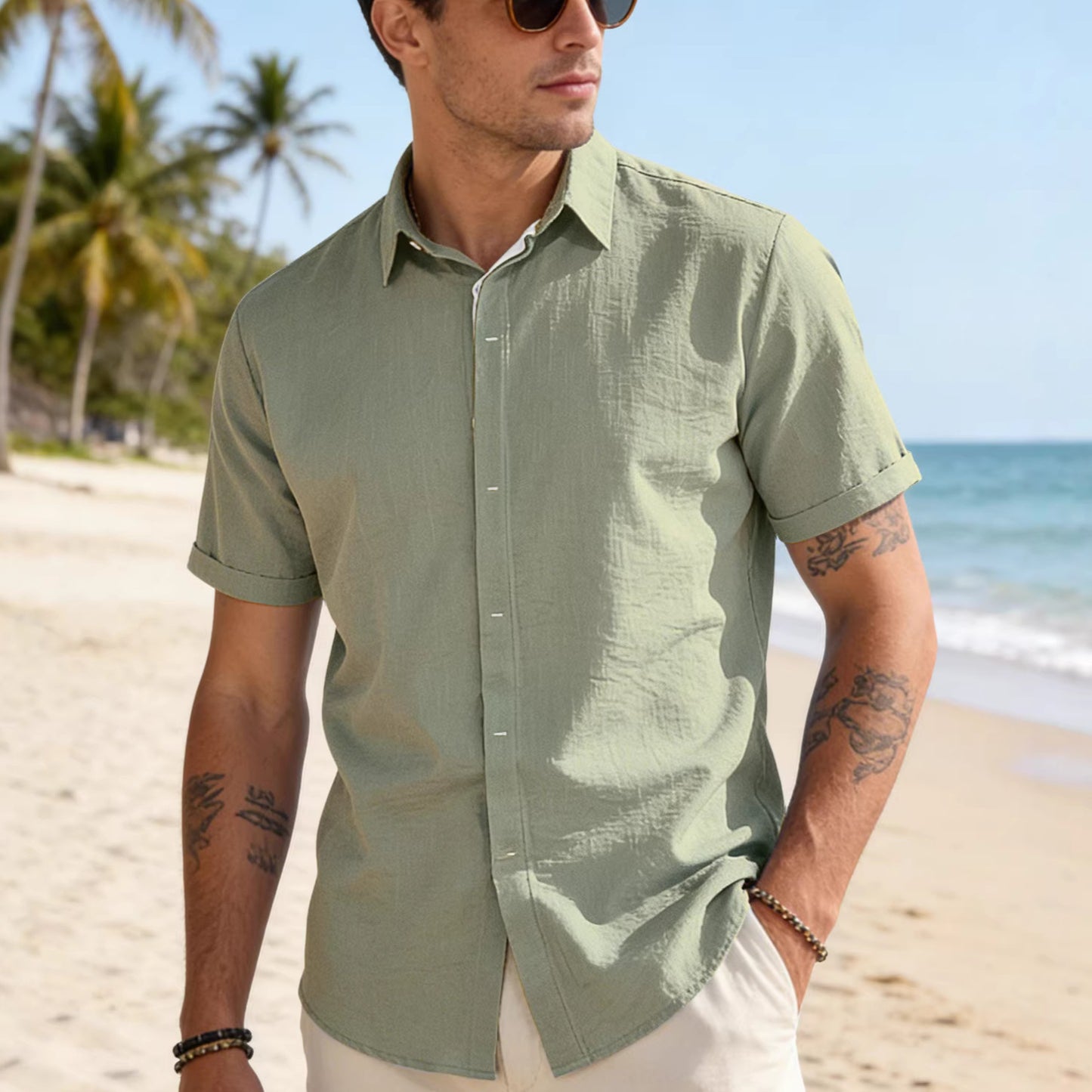 Mens Solid-color Short-sleeve Lapel Shirt Size S - 3XL