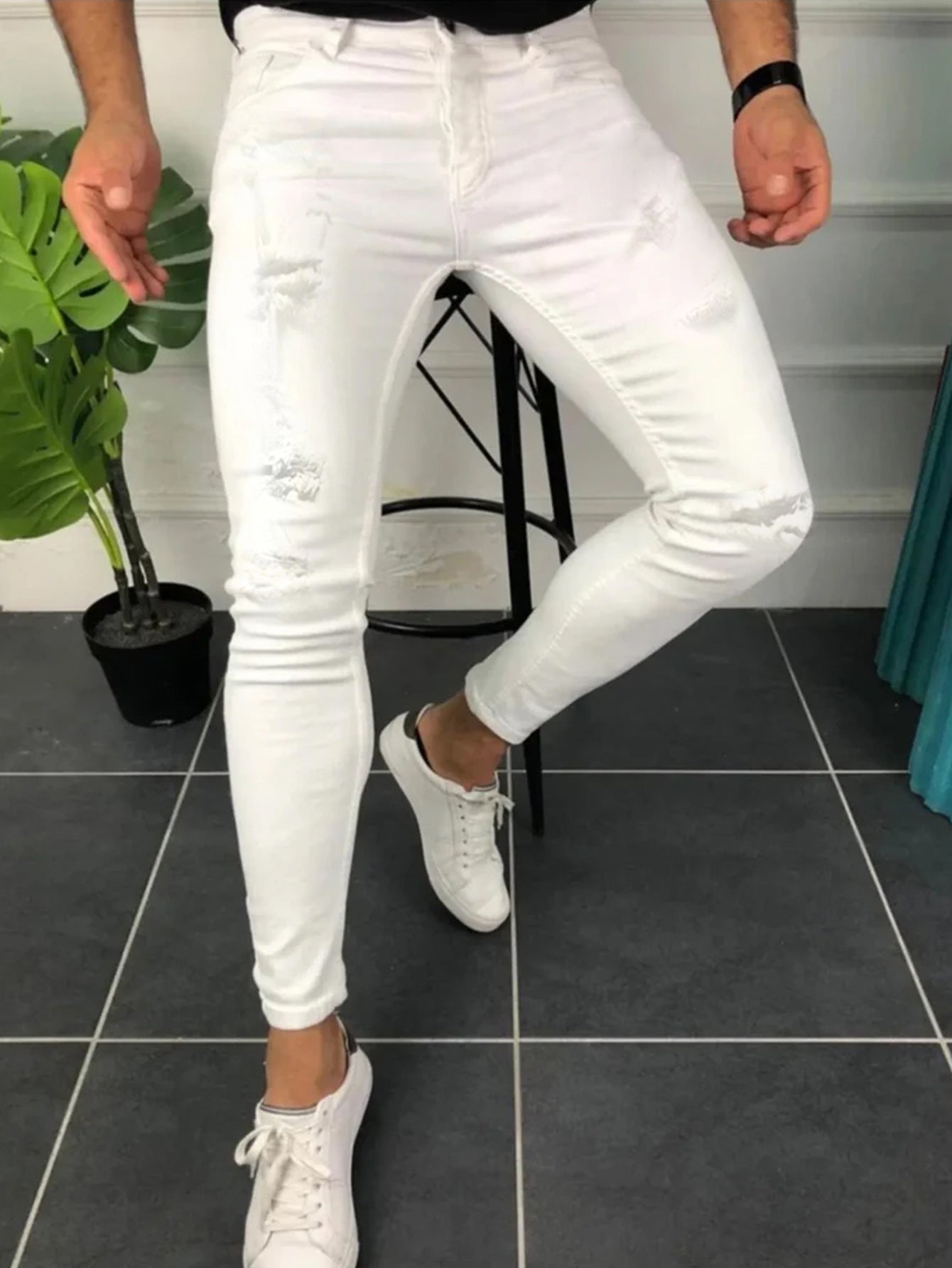 Teens Tight Ripped Trendy Skinny Solid Color Simple Denim Trousers