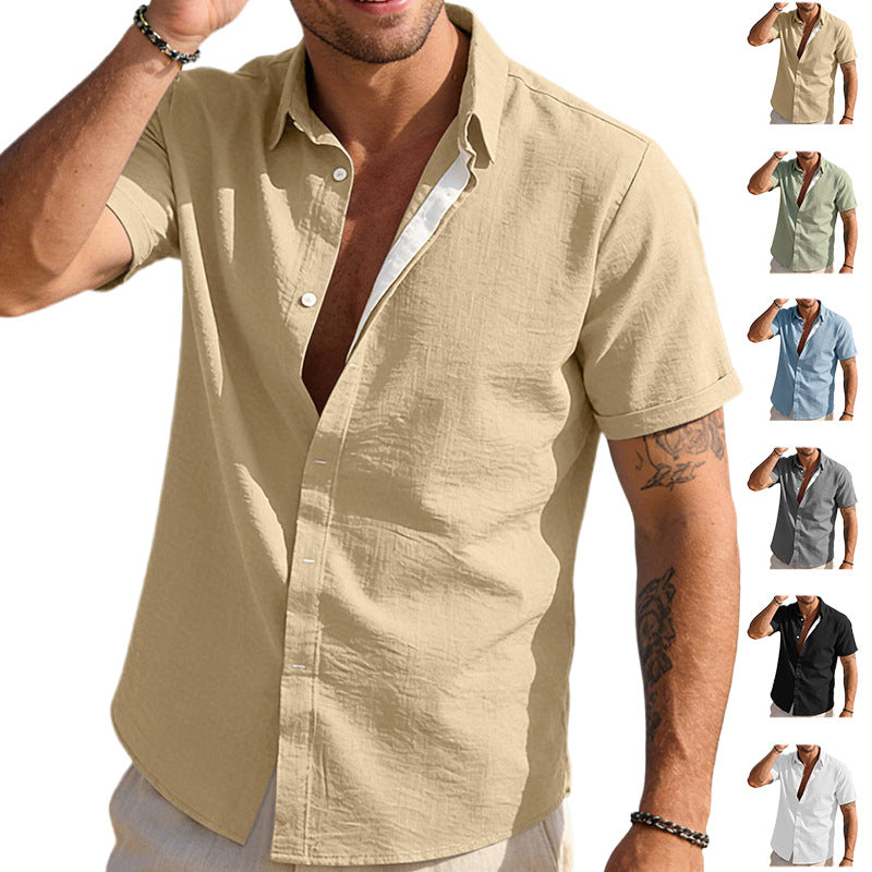 Mens Solid-color Short-sleeve Lapel Shirt Size S - 3XL