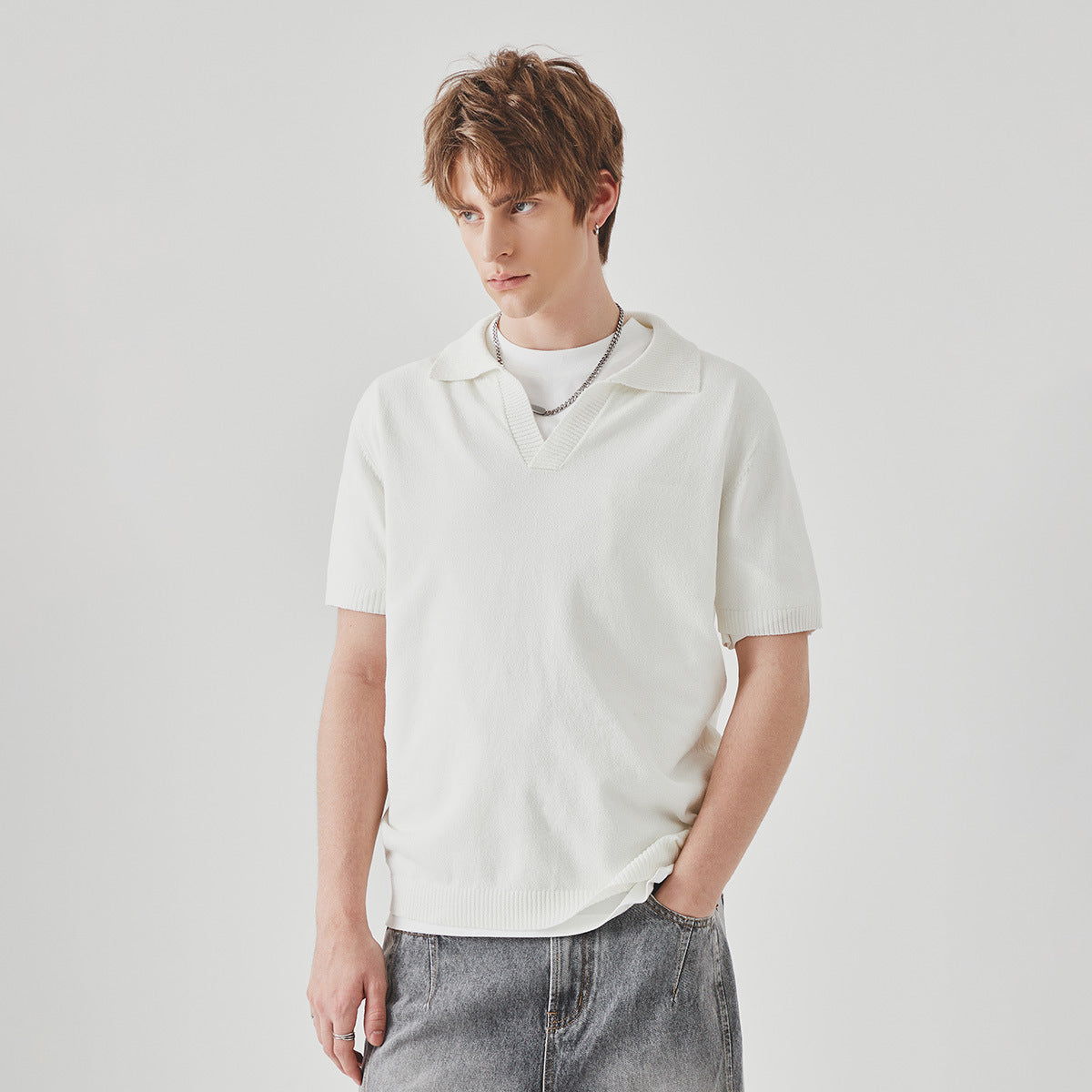 Summer Knitted Short-sleeved High-grade Solid Color Polo Collar Casual T-shirt