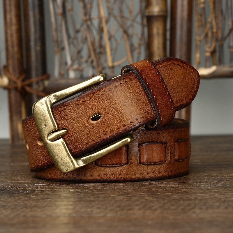 Retro Men's Belt In Genuine Leather With Brass Buckle, Length: 100cm-130cm
